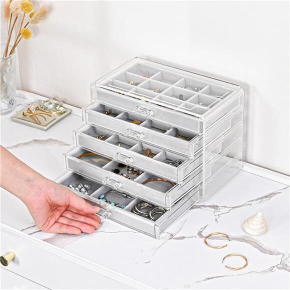 Clear Acrylic Jewelry Box Earring Organizer with Velvet Trays 5 Drawer Storage - Picture 2 of 7
